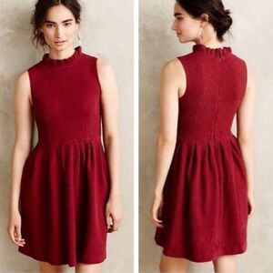 Ganni Anthropologie Textured Red Maroon Mini Dress Pockets High Neck Ruffle Sz S